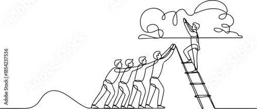 One continuous line drawing of team members support their leader to climb the ladder to reach the sky to reach the success. Trendy business teamwork concept. one line Icon drawing