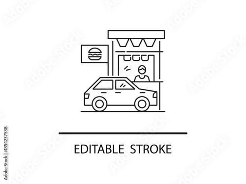 Modern drive-thru restaurant with car and customer.