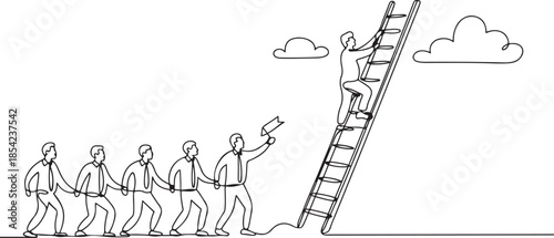 One continuous line drawing of team members support their leader to climb the ladder to reach the sky to reach the success. Trendy business teamwork concept. one line Icon drawing