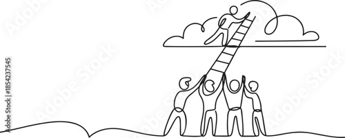 One continuous line drawing of team members support their leader to climb the ladder to reach the sky to reach the success. Trendy business teamwork concept. one line Icon drawing