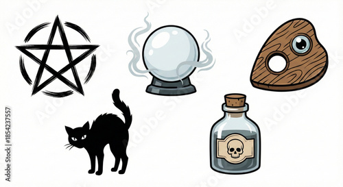 Mystical symbols and magical items like crystal ball, pentagram, and potion. Embrace the esoteric arts