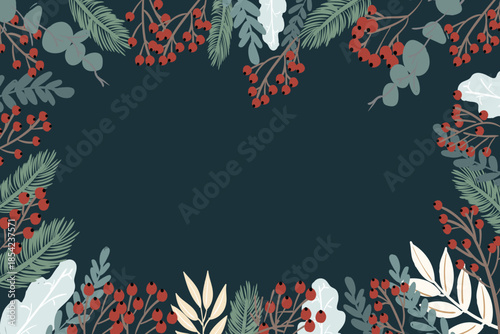 Vector art of dark teal christmas foliage border with red berries and evergreen branches, festive background