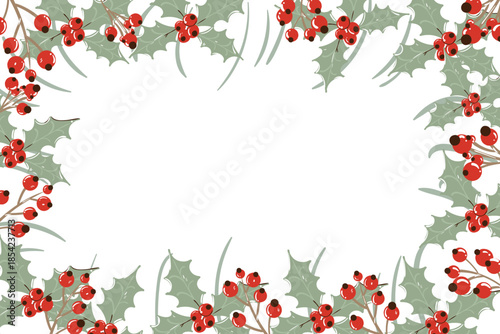 Vector art of watercolor christmas holly berries and leaves frame border for holiday greeting card or invitation background