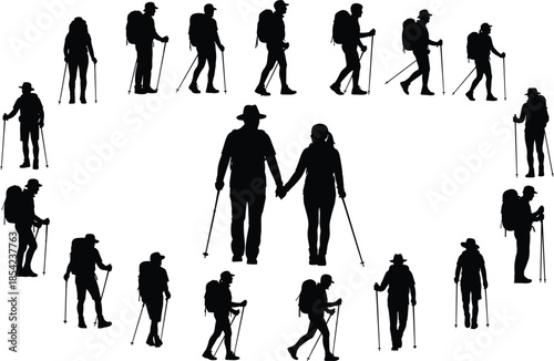 Large Collection of Hiker Silhouettes Featuring Men and Women with Backpacks and Trekking Poles Walking and Climbing Isolated on White Background