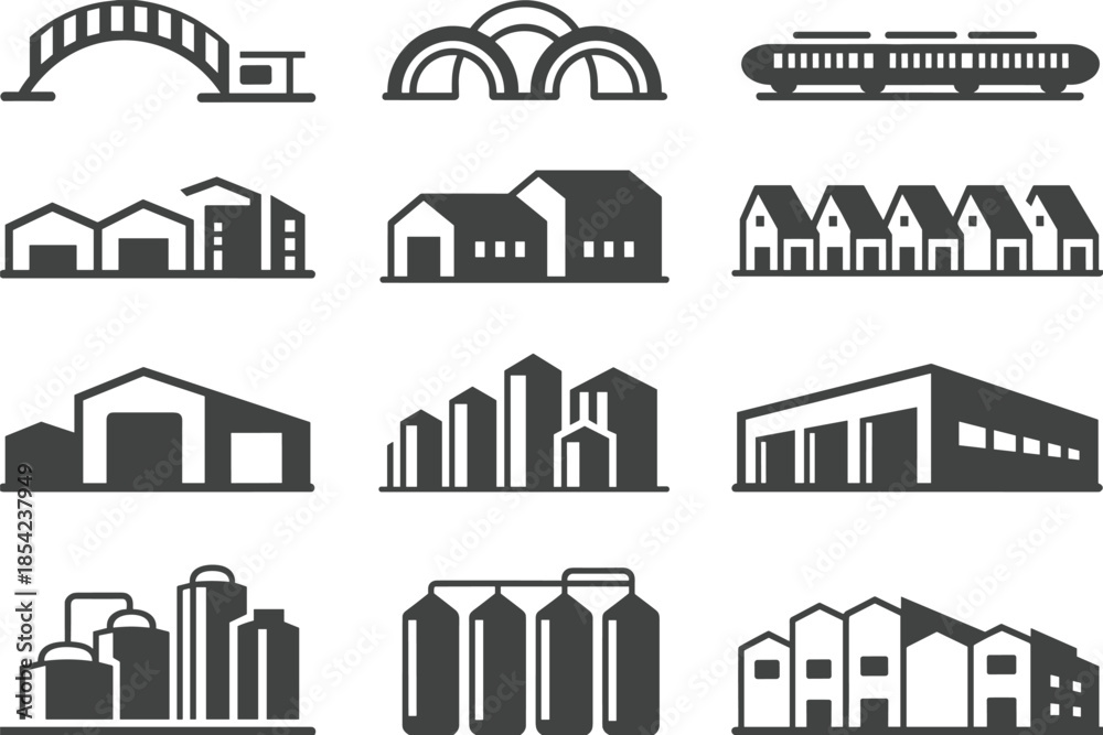 Obraz premium Black industrial icons including bridge, tunnel, train, warehouses, urban buildings, factories, silos, storage units, modern infrastructure, cityscape silhouettes.