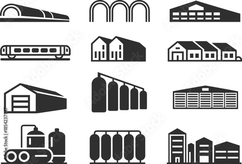 Black industrial icons including tunnel, archways, train, warehouses, storage tanks, silos, factories, urban buildings, modern industrial infrastructure silhouettes.