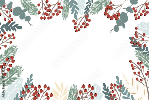 Vector art of festive christmas border frame with watercolor holly berries, pine needles, and winter foliage