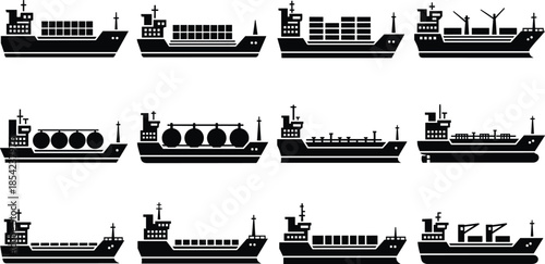 Black silhouette cargo container ships, tanker vessels, freighters, bulk carriers, maritime shipping icons set, marine transport, ocean freight vector illustration