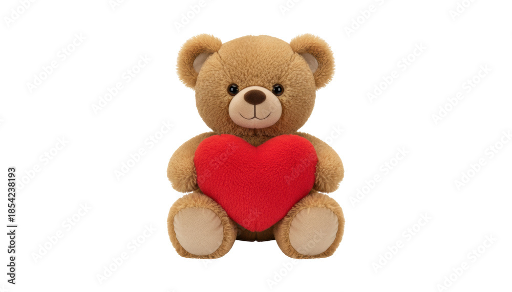 Obraz premium Cute brown fluffy teddy bear holding a big red heart is a sweet romantic gift for Valentine's Day, sitting with a gentle smile to express love and affection