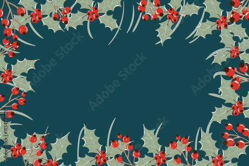 Vector art of festive christmas holly berries border frame design with green leaves on dark teal background for holiday greeting card or invitation copy space