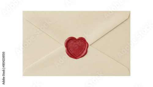 Vintage cream-colored textured paper envelope is sealed with a shiny red wax stamp featuring a romantic heart shape, representing a classic love letter or secret correspondence