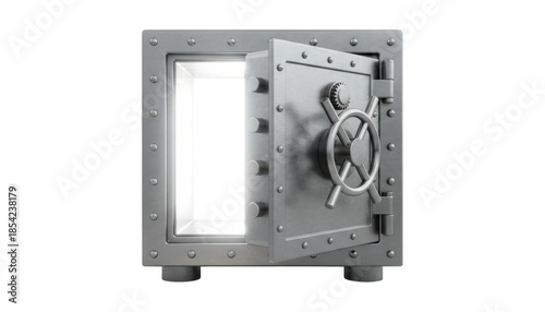 Heavy metal bank vault safe with its thick door open, revealing a mysterious bright glowing light from within, featuring a large round handle and combination lock mechanism