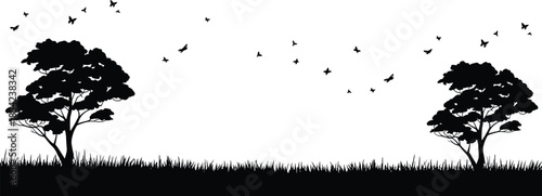 Tranquil Monochrome Landscape Silhouetted Trees, Grassland, and Soaring Birds