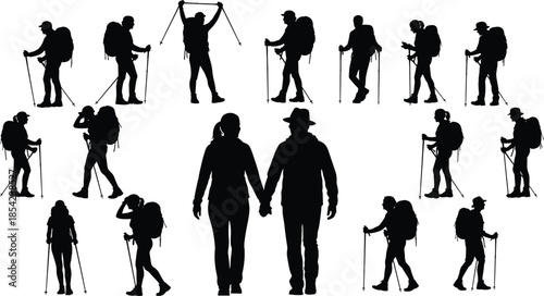 Large Collection of Hiker Silhouettes Featuring Men and Women with Backpacks and Trekking Poles Walking and Climbing Isolated on White Background