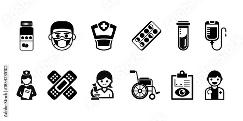 Medical healthcare vector icon set, medicine bottle, masked doctor face, nurse cap, pill blister, test tube, IV drip bag, nurse, adhesive bandage cross, wheelchair, medical report and more.