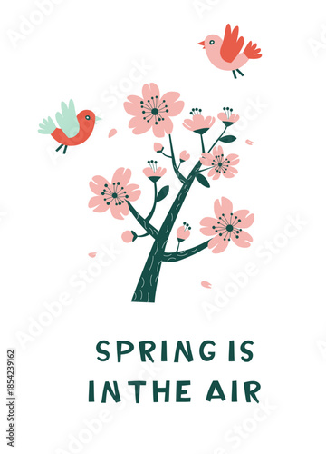 Spring Is in the Air Cherry Blossom Tree with Birds Illustration