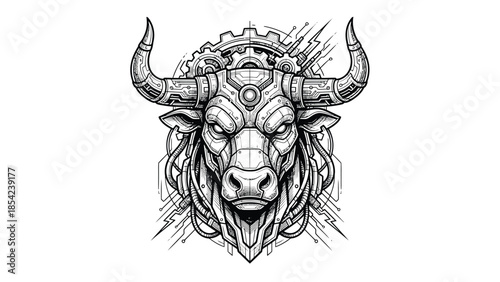 Intricate mechanical bull head illustration with detailed gears and horns.