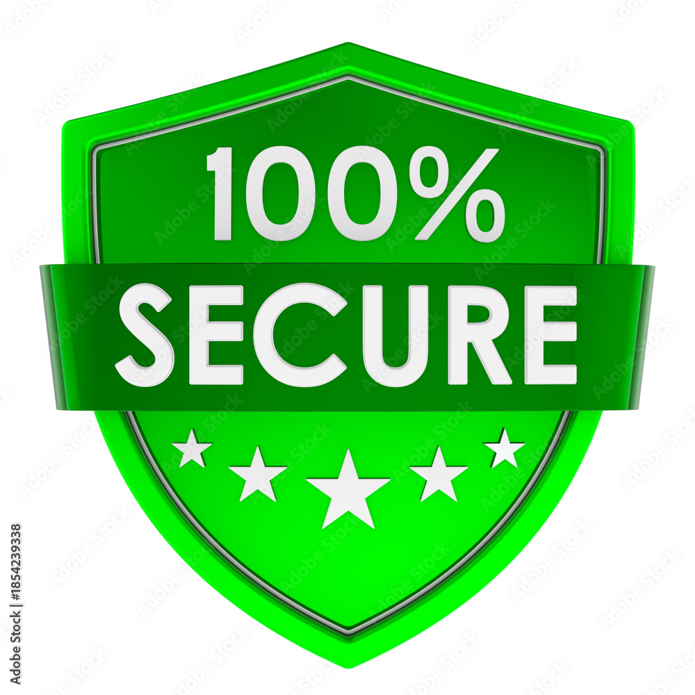 Fototapeta premium 100 percent secure, green shield badge. 3D rendering