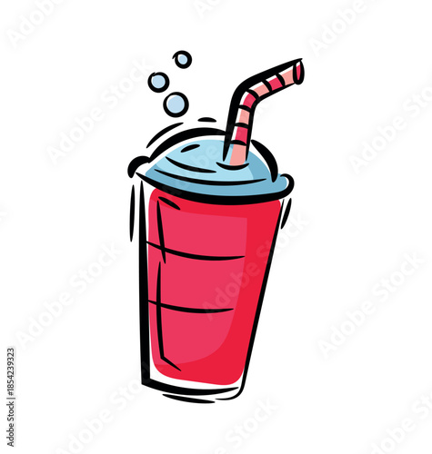 Hand drawn colorful soda cup doodle with striped straw and bubbles in sketchy artistic style