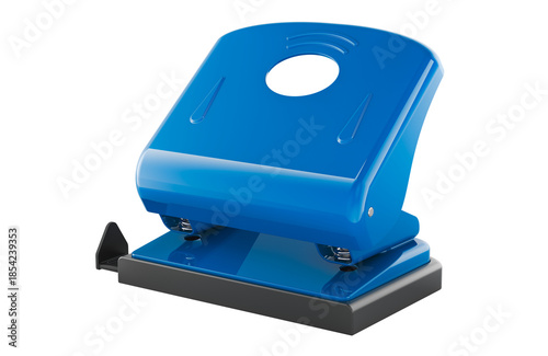 Hole punch office tool, blue paper puncher. 3D rendering
