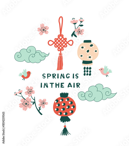 Chinese Spring Blossom Festival Illustration with Lanterns and Flowers Flat Vector Design