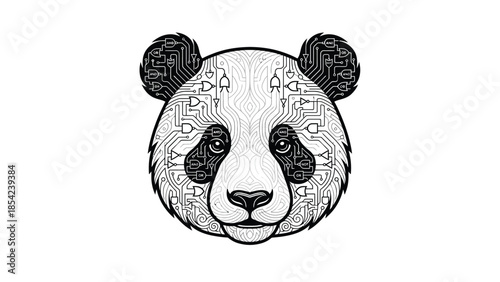 Intricate panda face illustration with circuit board design, technology concept.