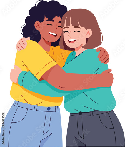 Two happy young women embracing each other with warm smiles, showing friendship and affection.