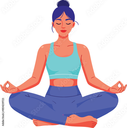 Illustration of a woman meditating in lotus pose with closed eyes and serene expression.