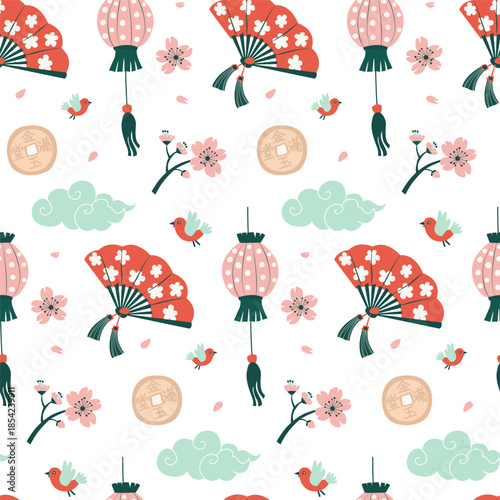 Chinese New Year Seamless Pattern with Lanterns, Fans and Cherry Blossoms