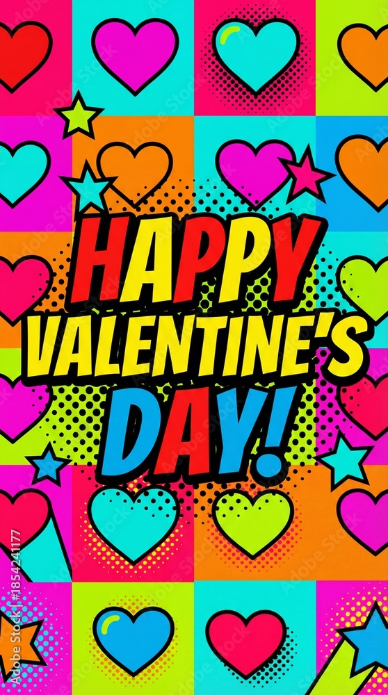 Obraz premium Happy Valentine's Day pop comic art style dynamic vibrant vertical background