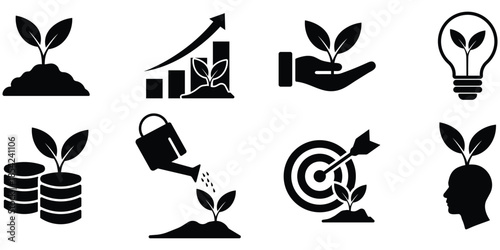 Business growth icon set, Investment and success silhouette pack, Startup development symbol collection