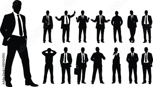 Large Silhouette Collection of Professional Businessmen Wearing Suits and Ties in Various Standing and Successful Poses Isolated on White Background