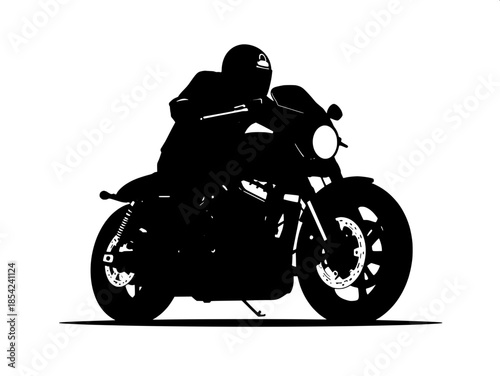 “Bold black silhouette artwork of a motorcycle with large wheels and windshield, rider in helmet, minimalist poster style.”