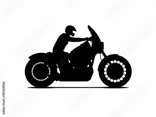 “Bold black silhouette artwork of a motorcycle with large wheels and windshield, rider in helmet, minimalist poster style.”