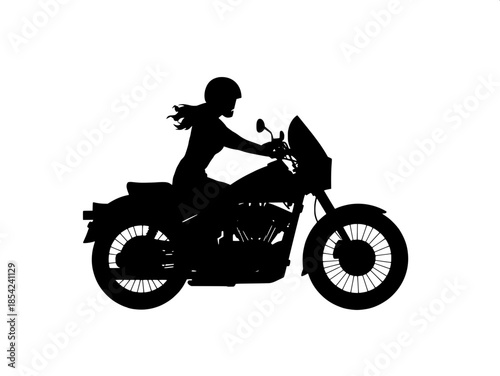 “Bold black silhouette artwork of a motorcycle with large wheels and windshield, rider in helmet, minimalist poster style.”