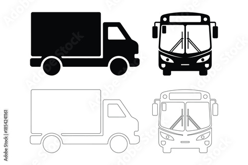 Delivery Truck and Public Bus Silhouette and Outline Vector Icons