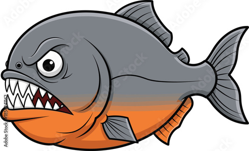 Angry piranha cartoon illustration with sharp teeth aggressive freshwater fish character isolated on white background vector design mascot