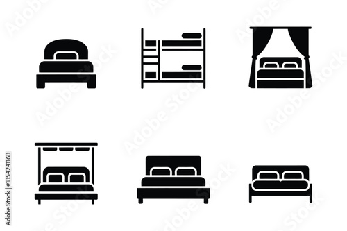 Bedroom Furniture and Bed Types Silhouette Icon Set