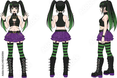 Anime goth girl character turnaround front back and side views with punk fashion outfit boots striped stockings isolated vector illustration