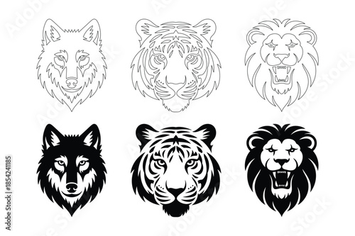 Tiger Lion and Wolf Head Predator Silhouette and Line Art Set