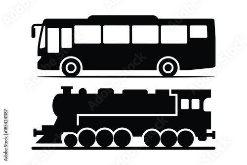 City Bus and Vintage Steam Train Silhouette Vector Illustration