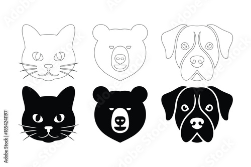 Cat Bear and Dog Face Silhouette and Line Art Animal Icons