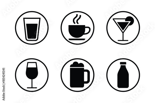 Beverage and Drink Glass Silhouette Icons in Circles