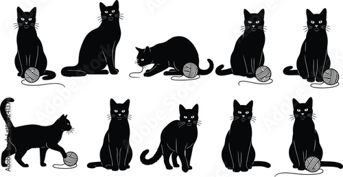 Black cat silhouette set playing with yarn ball in different poses cute pet animal vector illustration isolated on white background