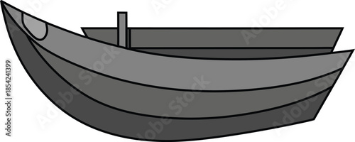 A grayscale illustration of a boat with a rectangular cabin and a curved hull