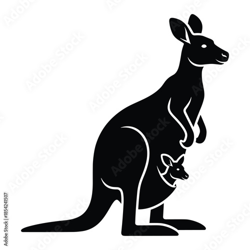 Black silhouette of a kangaroo mother with her joey in her pouch
