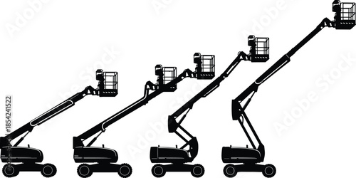 Boom lift silhouette sequence illustrating aerial work platform positions for construction maintenance and industrial access isolated flat vector design