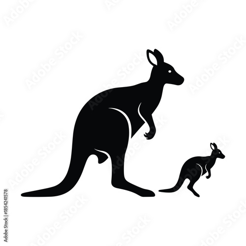 Two kangaroos one large and one small silhouette on white background