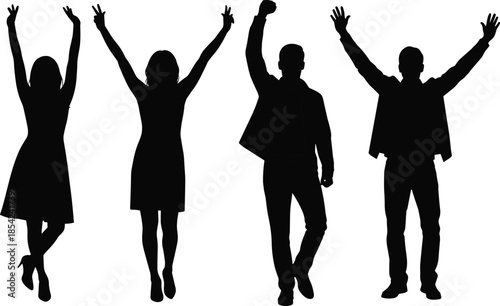 Celebrating people silhouette set with men and women raising arms in victory joy and success poses isolated on white background vector illustration