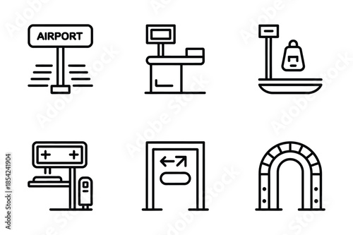 Airport services and check-in procedure outline icon set